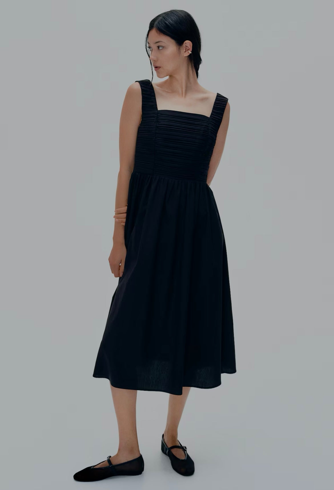PINTUCK-DETAIL DRESS WITH FLARED SKIRT